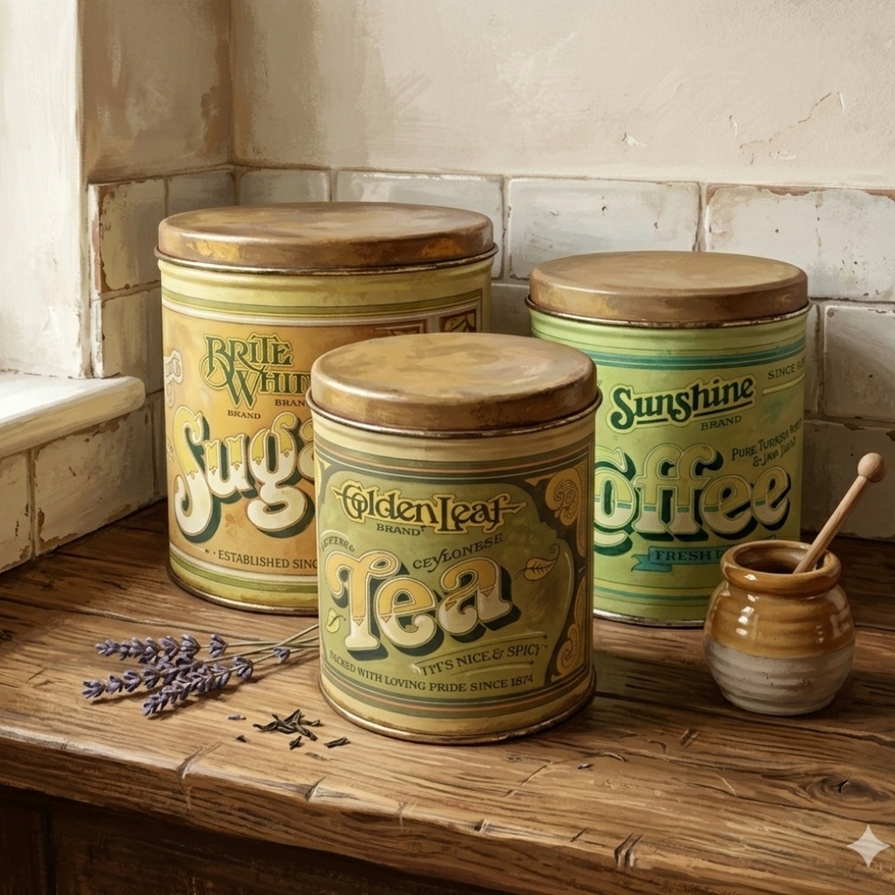 Vintage nesting Tin Canisters Sugar Coffee Tea set of 3, USA made Ballonoff